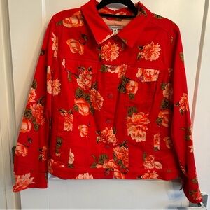 Isaac Mizrahi Red Jean Jacket with Floral Print and Structured Design